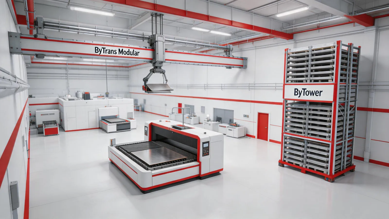 Bystronic ByTrans Modular loading automation and ByTower pallet storage smart factory