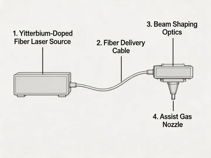 Bystronic laser source architecture diagram showing fiber laser with Beam Shaping head